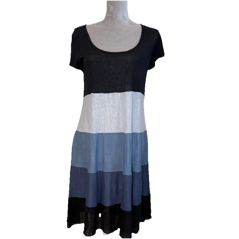 BODEN 100% Linen BLUE Color block Knit Shirt Dress Size US 10 Sheer Pullover